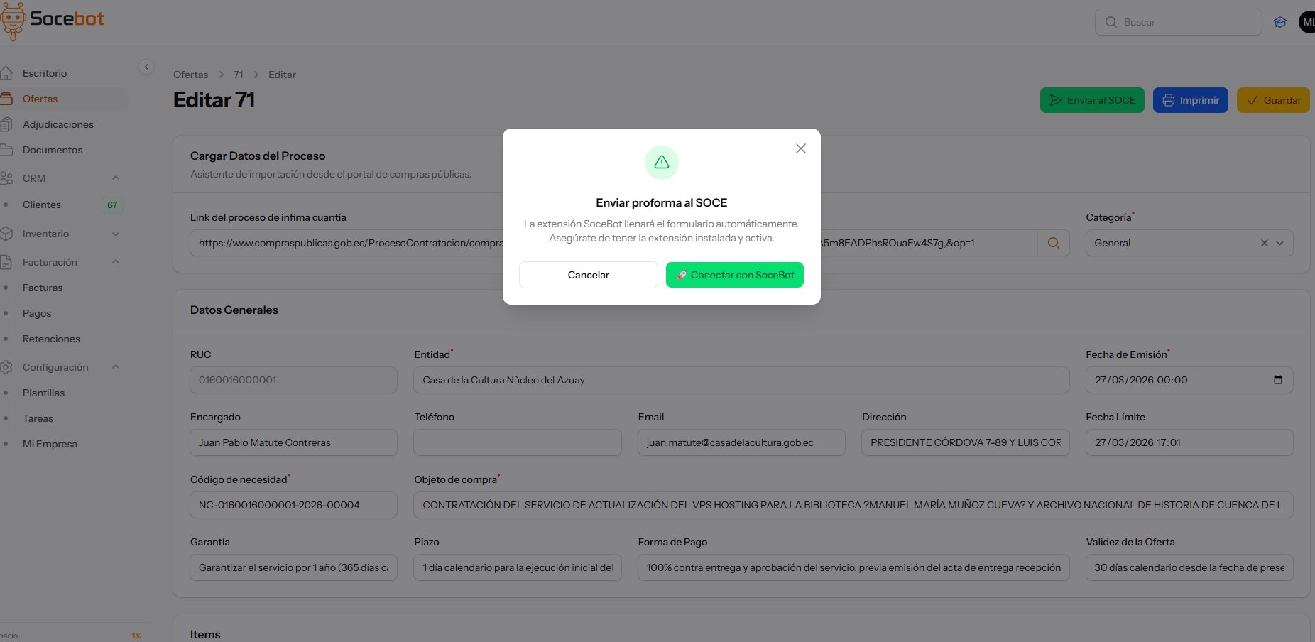 Modal de la extensión SoceBot para enviar proforma al SOCE
