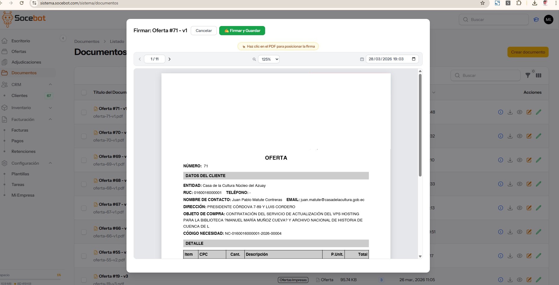 Firma digital de oferta en Socebot